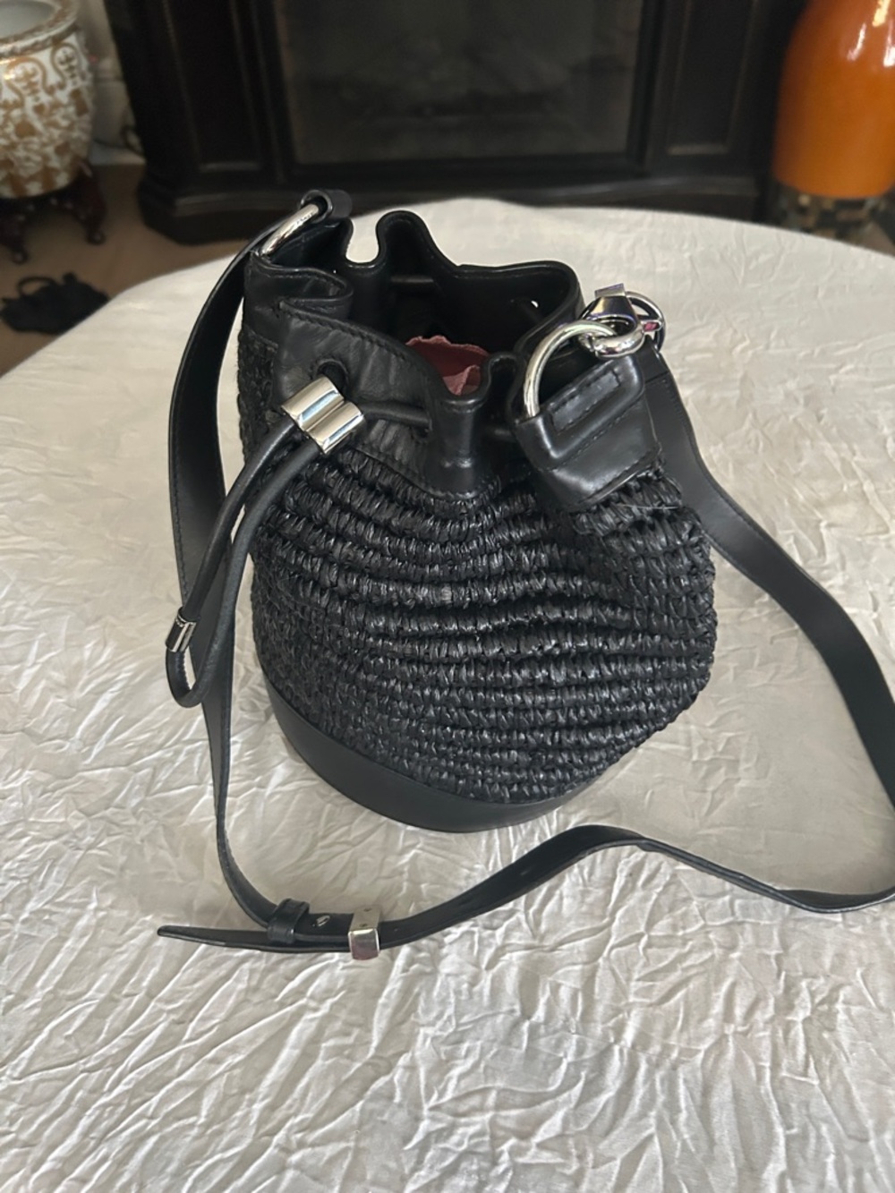 Alexander Wang Studded Black Woven Bucket Bag with Leather Trim